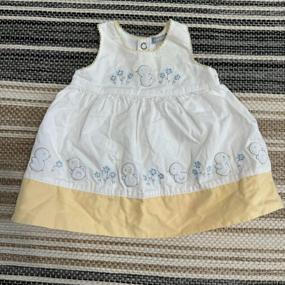 Vintage Carters Baby Girl Sleeveless Duck Dress 100% Cotton White Yellow Size 3M